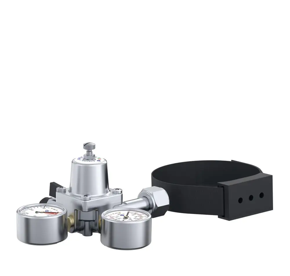 Regler von Hansgrohe mit zwei Druckmanometern, Metallgehäuse und einer Halterung. Geeignet für CO2-Flaschen.